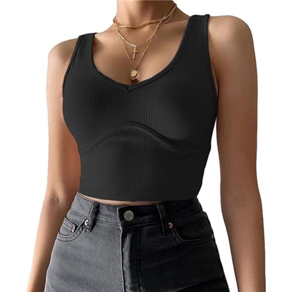 Artfish Sexy Scoop Neck Corset Crop Top Bustier Fitted Ribbed Basic Cropped Tank - Picture 2 of 5